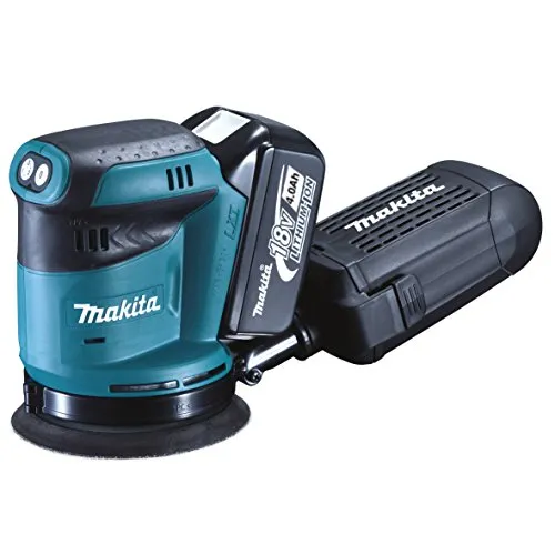 Makita DBO 180 RMJ Akku Exzenterschleifer 18 V - Schleifmaschine mit 2x 4,0 Ah Akkus und Ladegerät, ideal für kabelloses Arbeiten und perfekte Oberflächenbearbeitung.