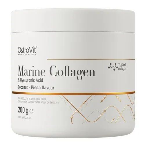 OstroVit Marine Collagen + Hyaluronsäure + Vitamin C 200 g - Nahrungsergänzungsmittel mit marinem Kollagen Typ I, Hyaluronsäure und Vitamin C. Unterstützt Haut, Haare und Gelenke, sorgt für Hydratation und hat einen köstlichen Kokos-Pfirsich-Geschmack.