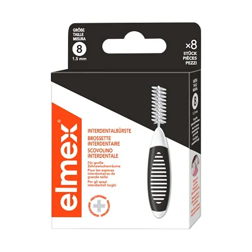 elmex Interdentalbürste schwarz (Größe 8, 1,5mm) - 8 Stück für große Zahnzwischenräume - Die elmex Interdentalbürsten sorgen für eine gründliche Reinigung von großen Zahnzwischenräumen. Mit weichen Borsten und flexiblem Bürstenelement, ideal für Träger von Zahnspangen. Nachhaltige Verpackung aus 70% Recyclingmaterial.