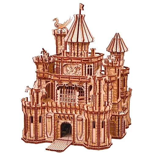 Wood Trick Dragon Castle Moveable Wooden 3D Puzzles for Adults and Kids to Build - Red LED - Greensleeves Melody - Towers Rotating - Engineering DIY Project Mechanical Model Kits for Adults Models