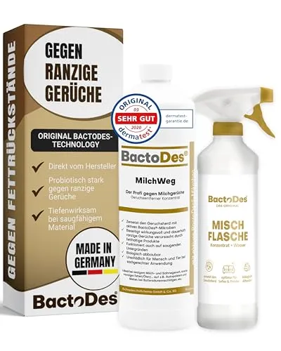 BactoDes®-MilchWeg 1L - Effektiver Milchgeruch Neutralisierer - Spezialreiniger zur zuverlässigen Beseitigung von ranzigen Milch- und Fettresten. Mit effektiven BactoDes®-Bakterien für nachhaltige Geruchskontrolle in saugenden Untergründen.