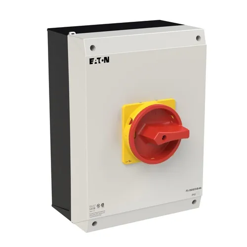 Eaton Hauptschalter 3polig 100A P3-100/I5/SVB-NA - Zuverlässiger 3-poliger Hauptschalter von Eaton mit 100A, ideal für den professionellen Einsatz. Kompakt und sicher, auch als Not-Aus-Schalter einsetzbar.