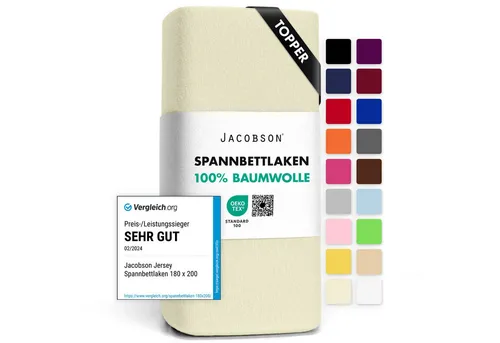 Jacobson Spannbettlaken TOPPER aus 100% Baumwolle, Jersey Bettlaken 160 g/m², Spannbetttuch mit Gummizug, pflegeleicht & viele Farben