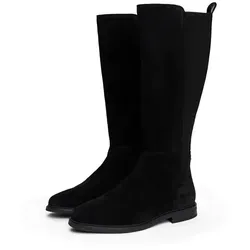 Stiefel TOMMY HILFIGER "FLAG SUEDE LONG BOOT" - Damen Langschaftstiefel aus schwarzem Veloursleder mit Reißverschluss und Logoflaggen-Detail, ideal für einen klassischen Look.