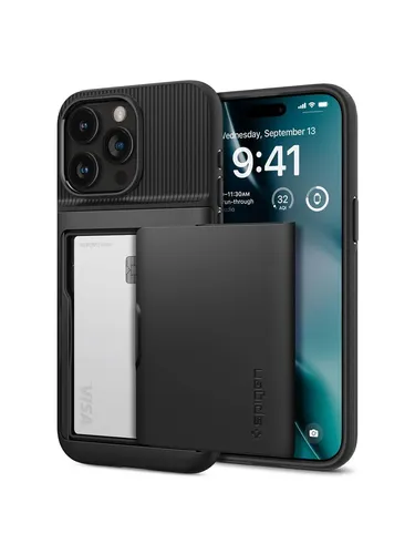Spigen Slim Armor CS - iPhone 15 Pro - Schwarz - Smartphone Hülle mit doppelter Schutzschicht, integriertem Kartenfach für zwei Karten und Bargeld, ideal für praktischen Alltagsschutz.