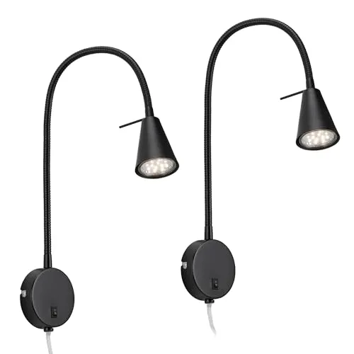 Briloner Leuchten Bettleuchte TUSA 2480025 - 2er-Set LED Wandleuchten - Dieses 2er-Set LED Bettleuchten in Schwarz bietet warmweißes Licht für eine gemütliche Atmosphäre. Mit verstellbarem Flexarm und praktischem AN/AUS-Schalter für höchsten Komfort im Schlafzimmer. Kompakt und stilvoll für jeden Einrichtungsstil.