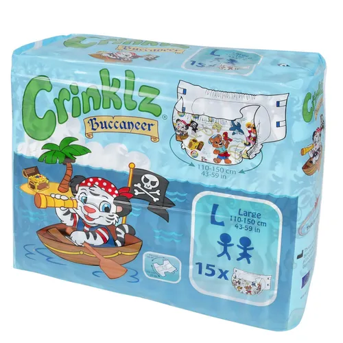 Crinklz Buccaneer Windeln - Medium - 15 Stück, bunte Motivwindeln - Inkontinenzhilfen mit hoher Saugfähigkeit von 2100 ml, ideal für aktive Nutzer, komfortable Passform und ansprechendes Design.