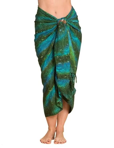 PANASIAM Sarong B006 Green Blue, XL - Handgefertigt - Pareos & Strandkleider für Damen, aus hochwertigem Viskose-Stoff, farbecht & blickdicht. Einzigartiges Wachsbatik-Design, perfekt als Wickelrock, Kleid oder Schal. Fair produziert in Indonesien.
