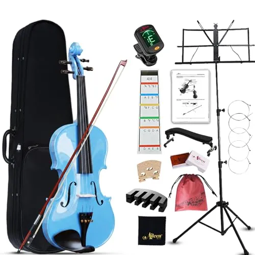 Aileen Geige 4/4 für Erwachsene Anfänger, Violine Set für Kinder ab 12 Jahre, Teenager Blau Geige Einsteiger Kit Vollständig mit 13 Zubehör, Notenständer, Exklusive Neue Griffbrett Aufkleber
