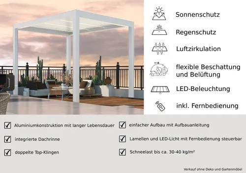 Motorisierte Pergola mit LED Licht 3x3m - Weiß - Moderne freistehende Pergola mit motorisiertem Dach und integrierter LED-Beleuchtung. Langlebig, UV-geschützt und ideal für entspannte Stunden im Garten.