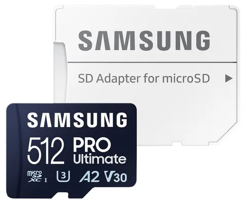 Samsung PRO Ultimate microSD-Karte + SD-Adapter 512 GB - Hochgeschwindigkeitsspeicher für 4K-Videoaufnahmen, robust und vielseitig für kreative Nutzer und Medienprofis