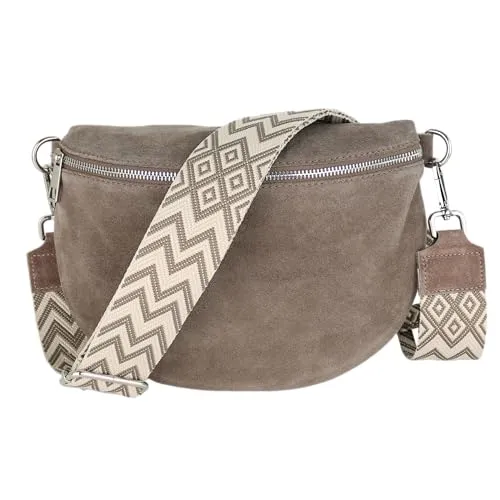 MIRROSI Damen Bauchtasche aus Wildleder - Upgrade Version in Taupe Boho - Elegante Bauchtasche aus hochwertigem Wildleder, vielseitig tragbar als Umhängetasche oder Schultertasche. Mit zwei stylischen Wechselgurten für individuellen Look – ideal für jeden Anlass.