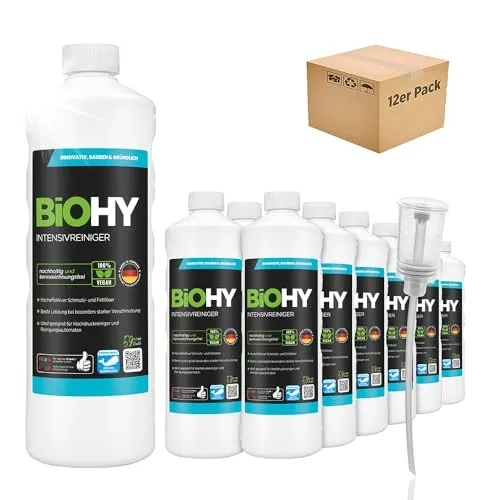 BiOHY Intensivreiniger (12 x 1L) + Dosierer | Bodenreiniger Konzentrat für starke Verschmutzungen | Reinigungsmittel für Reinigungsautomaten & Saugwischer | Schaumarm für Fliesen & Hartböden