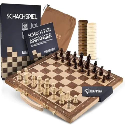 FALKENWERK Magnetisches Schachspiel Holz 38x38 cm - Handgefertigtes, klappbares Schachbrett mit Tragegriff, ideal für Reisen und strategisches Denken
