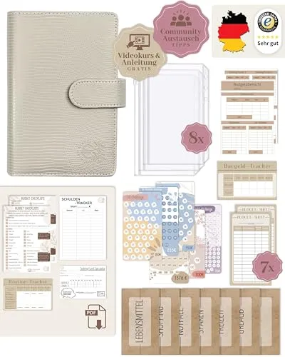 BeginnerBudget® Budget Planner Deutsch - Starterset mit Sparchallenge Budgetplaner - Sparen mit Umschlagmethode + Anleitung - Ringbuch A6 - Binder A6 Gecko-Style (Grau)