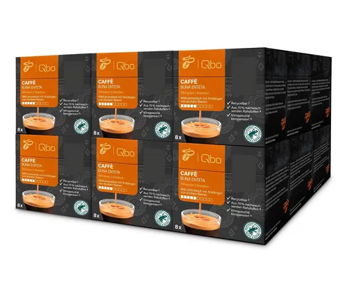 Qbo Caffè Buna Enteta - 144 Kapseln - Kaffee mit mild-aromatischem Geschmack und Noten von dunklen Beeren, 100% Arabica, Rainforest Alliance-zertifiziert und klimaneutral, in recycelbaren Kapseln aus 70% nachwachsenden Rohstoffen.