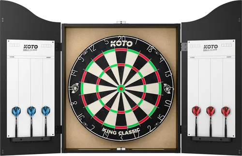KOTO - Darts Centre Schwarz, Dartboard Schrank mit Classic Edition Dartscheibe, 6 Steel Dartpfeilen, Throwline & Zubehör