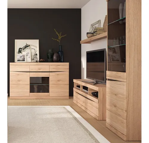 Lomadox Wohnzimmer-Set SANFORD-129 – 4-teiliges Mega-Spar-Set - Modernes Wohnzimmer-Set in San Remo Eiche hell Nb. mit stilvoller Glasbodenbeleuchtung. Die Kombination aus Sideboard, TV Wand, Vitrine und Wandboard bietet viel Stauraum und pflegeleichte Oberflächen für dein Zuhause.