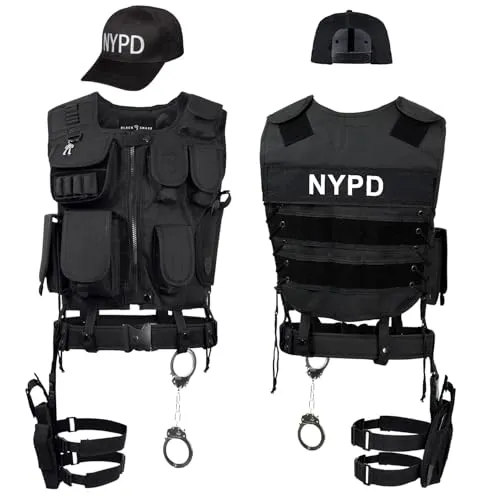 Black Snake® SWAT FBI Police Security Kostüm inkl. Einsatzweste, Pistolenholster, Gürtel, Handschellen und Baseball Cap (NYPD, XL-XXL)