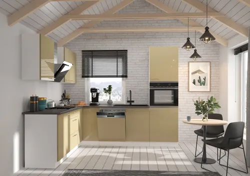 Küche Lara Cappuccino/Weiß 210x260 - Moderne Einbauküche - Küchenzeilen im modernen Hochglanz Design mit viel Stauraum und praktischen Lösungen für Ihre Küchenutensilien. Ideal für jedes Zuhause!