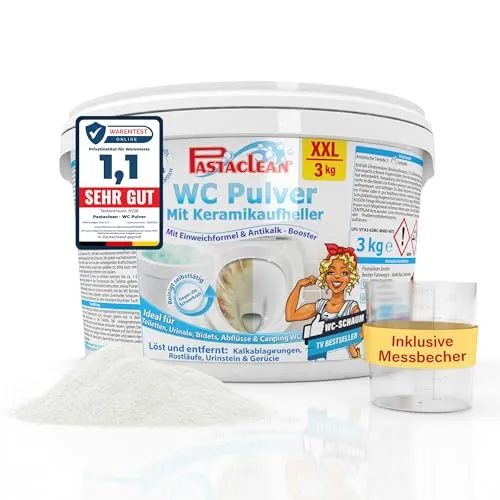Pastaclean WC Pulver mit Keramikaufheller, 3kg – Effektiver WC-Reiniger - Pastaclean WC Pulver für mühelose Reinigung! Entfernt Kalk und Urinstein bis unter den Rand. Mit aktivem Schaum für hygienische Toiletten und optische Aufhellung. Ideal für bis zu 80 Anwendungen.