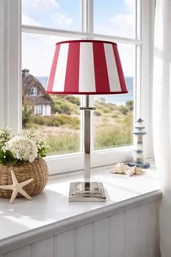 Ovaler Lampenschirm Rot-Weiß Gestreift Ø 30cm - Eleganter, handgefertigter Lampenschirm in klassischer ovaler Form. Ideal für Fensterbänke und E27-Fassungen. Hochwertige Verarbeitung mit passender Bordüre für stilvolles Interieur.