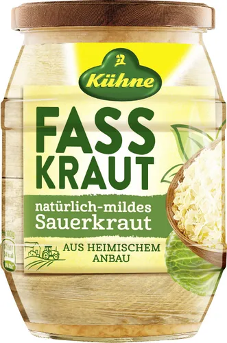 Kühne Fasskraut - Natürlich-mildes Sauerkraut 425ml - Eingelegtes Sauerkraut, vollmundig im Geschmack und vielseitig verwendbar. Ideal als Beilage oder in Quiches, aus heimischem Anbau, ohne Konservierungsstoffe und glutenfrei.