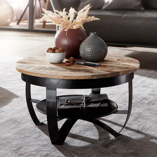 FINEBUY Couchtisch FB63625 - Rund aus Mango Massivholz & Metall - Couchtisch im Industrial Design (60x34x60 cm) mit praktischem Stauraum und stabilen Metallfüßen, ideal für stilvolle Wohnräume.