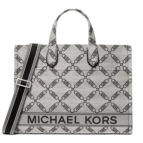 Michael Kors Gigi Large Shopper - Elegante Handtasche in Braun Jacquard - Damentaschen mit Innenfächern und Umhängeband, perfekt für Business und Freizeit. Stilvolles Empire-Logomuster und goldene Akzente machen diese Tasche zum idealen Begleiter.
