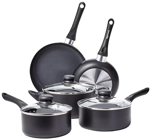 Amazon Basics 8-teiliges Kochgeschirr-Set - Kochgeschirr-Set mit Antihaftbeschichtung für einfaches Kochen und Reinigen; ideal für Gas-, Elektro- und Glasherde, nicht induktionsgeeignet.