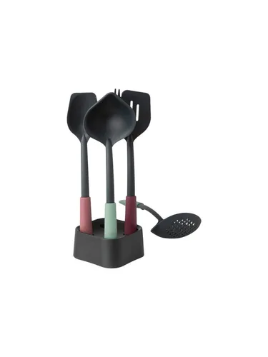 Brabantia Tasty+ Küchenutensilien-Set mit Ständer - Praktisches Küchenhelfer-Set mit innovativen Zweifachfunktionen, aus hitzebeständigem Nylon – ideal für sicheres Kochen ohne Kratzer auf Antihaftbeschichtungen. Spülmaschinenfest und mit 5 Jahren Garantie!