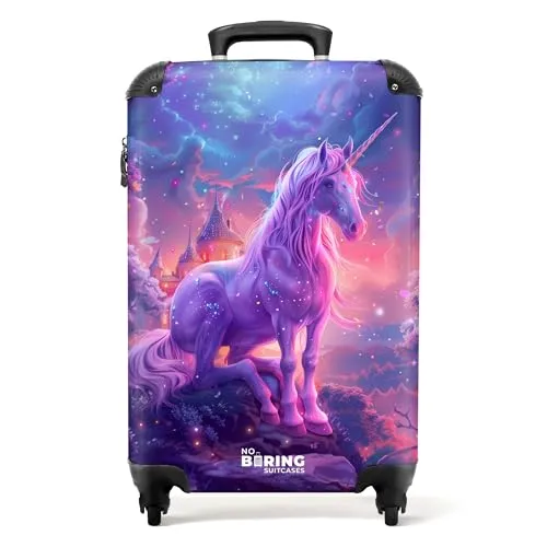 NoBoringSuitcases.com Kinderkoffer Einhorn - Violett - Kindergepäck: Leichter Handgepäck Koffer (55x40x20 cm) mit robustem ABS-Material und integriertem Zahlenschloss für sichere Reisen.
