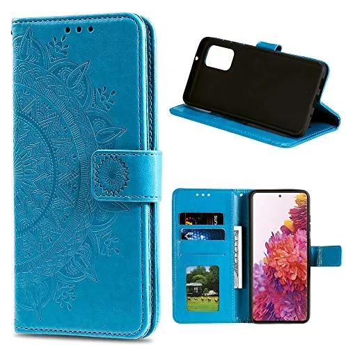 CoverKingz Handy Cover kompatibel mit Samsung Galaxy S20 FE [6,5 Zoll] - Handyschutz mit Kartenfach Klapphülle - Bookcase Hülle aufklappbar Motiv Mandala Blau