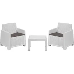 Dmora Gartenmöbel-Set Rosta Weiß, 2-Sitzer mit Tisch - Gestalten Sie Ihren Außenbereich mit diesem eleganten 2-Sitzer-Set. Der praktische Tisch und die langlebige Rattan-Optik sorgen für Komfort und Stil, ideal für kleine Räume und gesellige Momente im Freien.