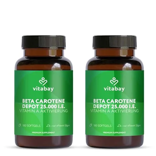 Vitabay Beta Carotin Bräunungskapseln Hochdosiert 25.000 I.E. Depot – 360 Softgels – Natürlich aus Dunaliella salina Alge – Provitamin A – Vegan, Laborgeprüft – Vorrat für lange Zeit – 2er Bundle