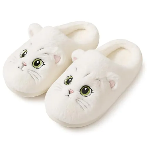 corimori Plüsch Hausschuhe Katze – Flauschige Katzen Kätzchen Pantoffeln (weiß, rosa, grau, braun - Gr. 34-44) (Weiß, EU Schuhgrößensystem, Erwachsene, Damen, Numerisch (von/bis), M, 34, 35)