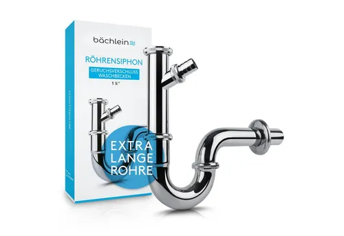 Bächlein Siphon Universaler Röhrensiphon - flexibler Waschbeckenablauf mit Geräteanschluss, einfache Montage und hochwertiger Chrom-Ablauf 20 cm