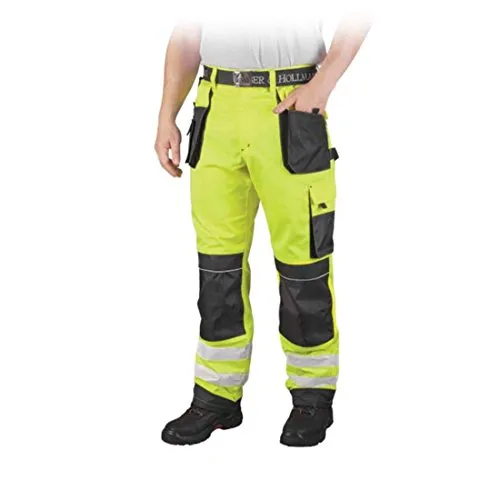 Warnschutzhose mit Reflektionsstreifen in Neonorange und Neongelb - Optimale Sichtbarkeit durch Reflektoren, 11 praktische Taschen und strapazierfähiges Material. Ideal für den professionellen Einsatz in Sicherheitsbereichen.