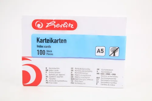 Herlitz-10621308- Karteikarten, DIN A5, blanko, Weiß VE=100