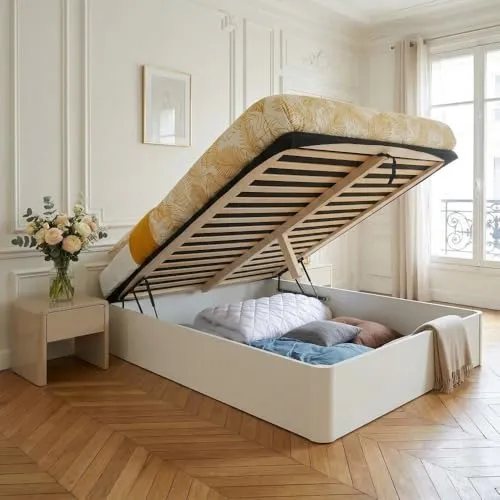 Kastenbett SPIRO 140x190 cm - Weiß mit Lattenrost - Modernes Kastenbett SPIRO in Weiß, 140x190 cm, bietet optimalen Stauraum und stilvolles Design. Ideal für platzsparende Lösungen im Schlafzimmer mit einfachem Zugang zum Bettkasten.