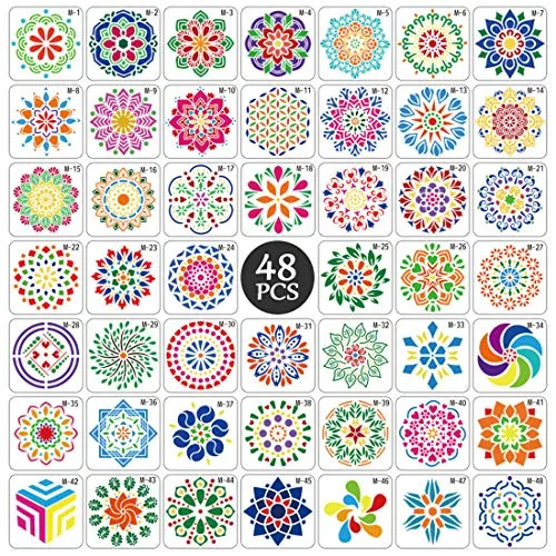 Mandala Schablone Set, 48 Stück Groß wiederverwendbare Laserschnitt Malschablone/Airbrush Vorlage,Mandala Dotting Schablonen für Wand/Stein/Holz Möbel/Malen Vorlagen Kinder.