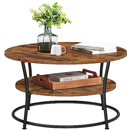 VASAGLE Rund Couchtisch im Industrie-Design - Beistelltisch fürs Wohnzimmer mit viel Stauraum und rustikalem Charme, einfacher Aufbau und stabiler Metallkonstruktion für vielseitige Nutzung.