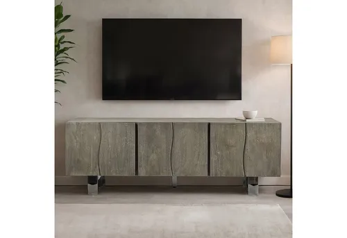 FINEBUY Lowboard TV Schrank 160 cm Smoked Grey - Modernes Lowboard aus massivem Akazienholz, ideal für Fernseher bis 70 Zoll. Handgefertigt, einzigartig und mit Schutzlack versiegelt für Langlebigkeit.