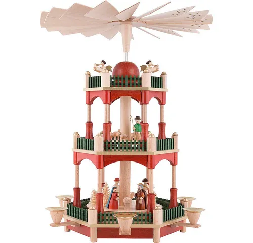 Erzgebirgische Volkskunst Richard Glässer Weihnachtspyramide 39cm - Christi Geburt - 3-stöckige Weihnachtspyramide aus dem Erzgebirge, liebevoll gestaltet und ideal für festliche Dekoration. Perfekt für die Krippe und stimmungsvolle Weihnachtszeit.