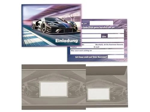 Limonia 12x Einladungskarten mit Umschläge zum Kindergeburtstag Auto Rennauto - Geburtstagseinladung Coole Autos & Rennwagen Motive, Einladung für Autofans - Track Racer