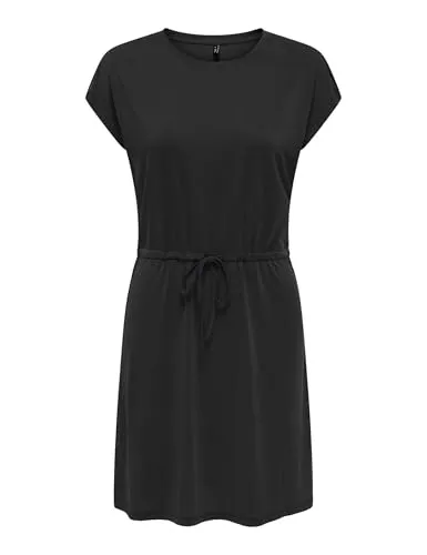 Minikleid "ONLHANNAH S/S SHORT DRESS JRS", Gr. S (36) - N-Gr, Black N-Gr - Sommerkleider mit Bindegürtel für individuelle Weitenanpassung und hautfreundlicher Viskose-Qualität, ideal für schicke und bequeme Outfits.