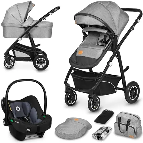 lionelo Kombi-Kinderwagen BIANKA 3 IN 1, Grey Stone - 3-in-1 Kinderwagen-Set mit aufblasbaren Rädern, verstellbarem Griff und umfangreichem Zubehör für maximalen Komfort und Sicherheit.