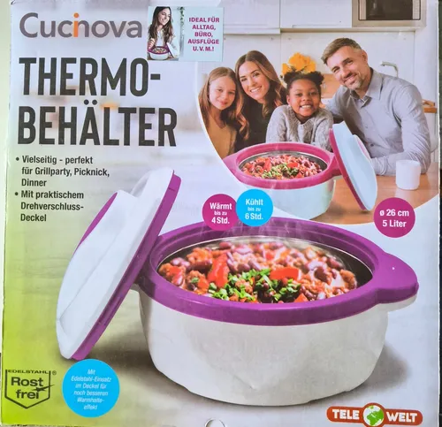 Cucinova Thermoschüssel 5 Liter - Praktische Thermoschüssel mit 5 Litern Fassungsvermögen, ideal für die Aufbewahrung von Lebensmitteln. Mit sicherem Schraubdeckel und in ansprechendem Lila, perfekt für den täglichen Einsatz.