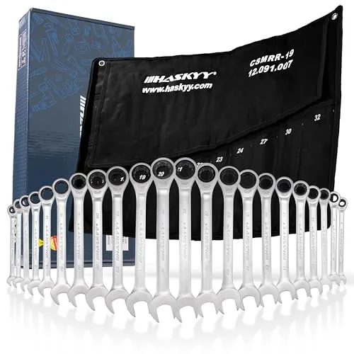 HASKYY Ratschenringschlüssel Set 6-32mm - 22 tlg. in praktischer Tasche - Ratschenschlüssel Set 6-32 mm mit 22 Teilen, feine 72-Zahn-Ratsche und Industrie-Qualität. Ideal für Werkstatt und Zuhause, inklusive praktischer Tetrontasche für einfache Aufbewahrung und Transport.