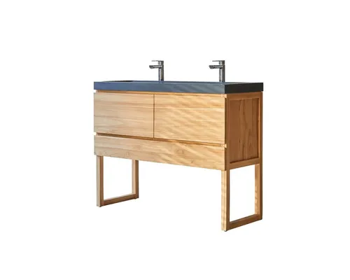 Tikamoon Waschtisch Edgar aus Teakholz mit Lavastein Waschbecken 120 cm - Eleganter Waschtisch aus FSC® Teakholz mit modernem Lavastein Waschbecken. Drei geräumige Schubladen bieten praktischen Stauraum für Handtücher und Kosmetik. Ideal für stilvolle Badezimmergestaltung.